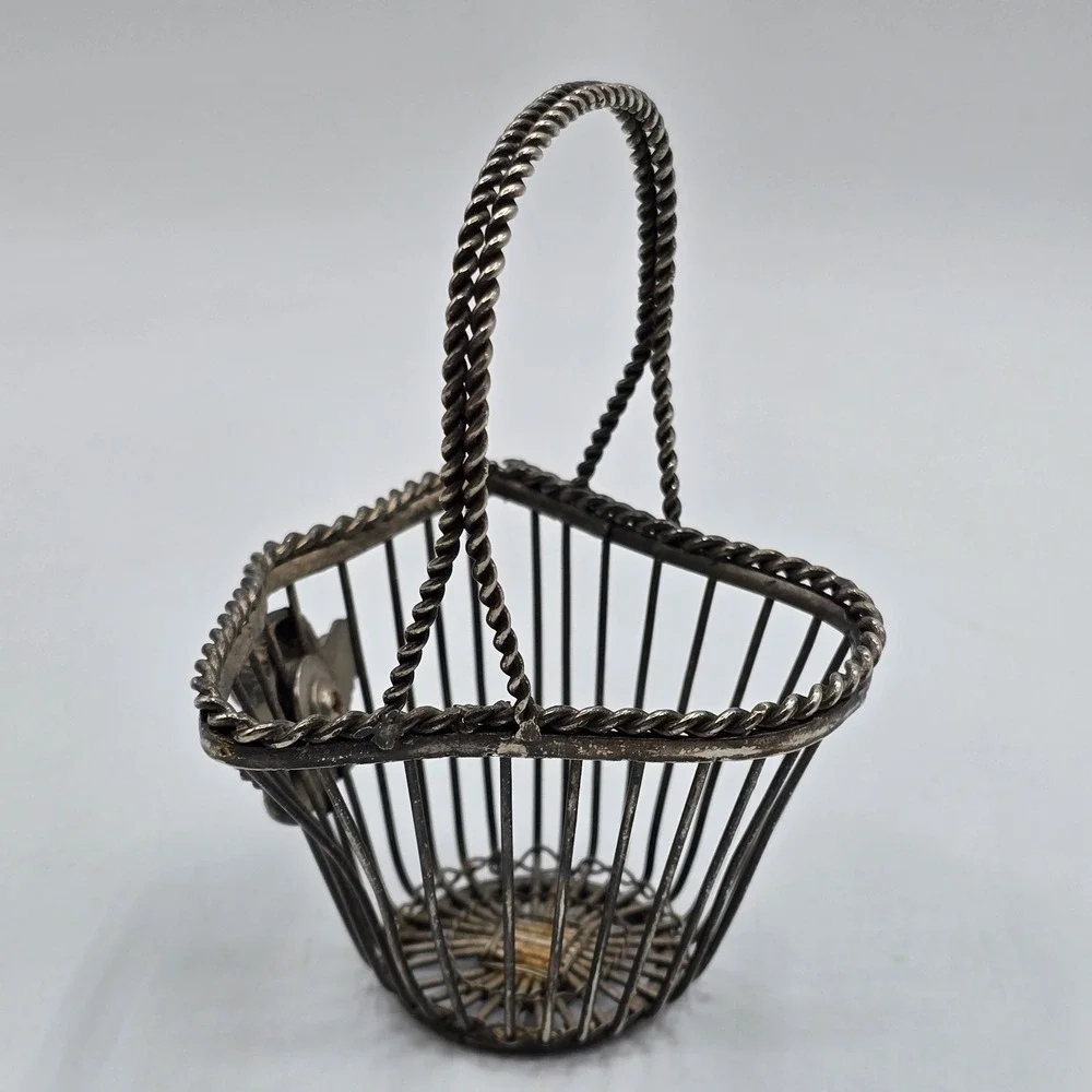 Vintage Silver Tone‎ Wire Metal Decorative Mini Basket Angel Cherub On Front